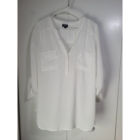 torrid Tops - TORRID Women's SZ 2 Harper Georgette Roll Tab Blouse White Flowy Minimalist